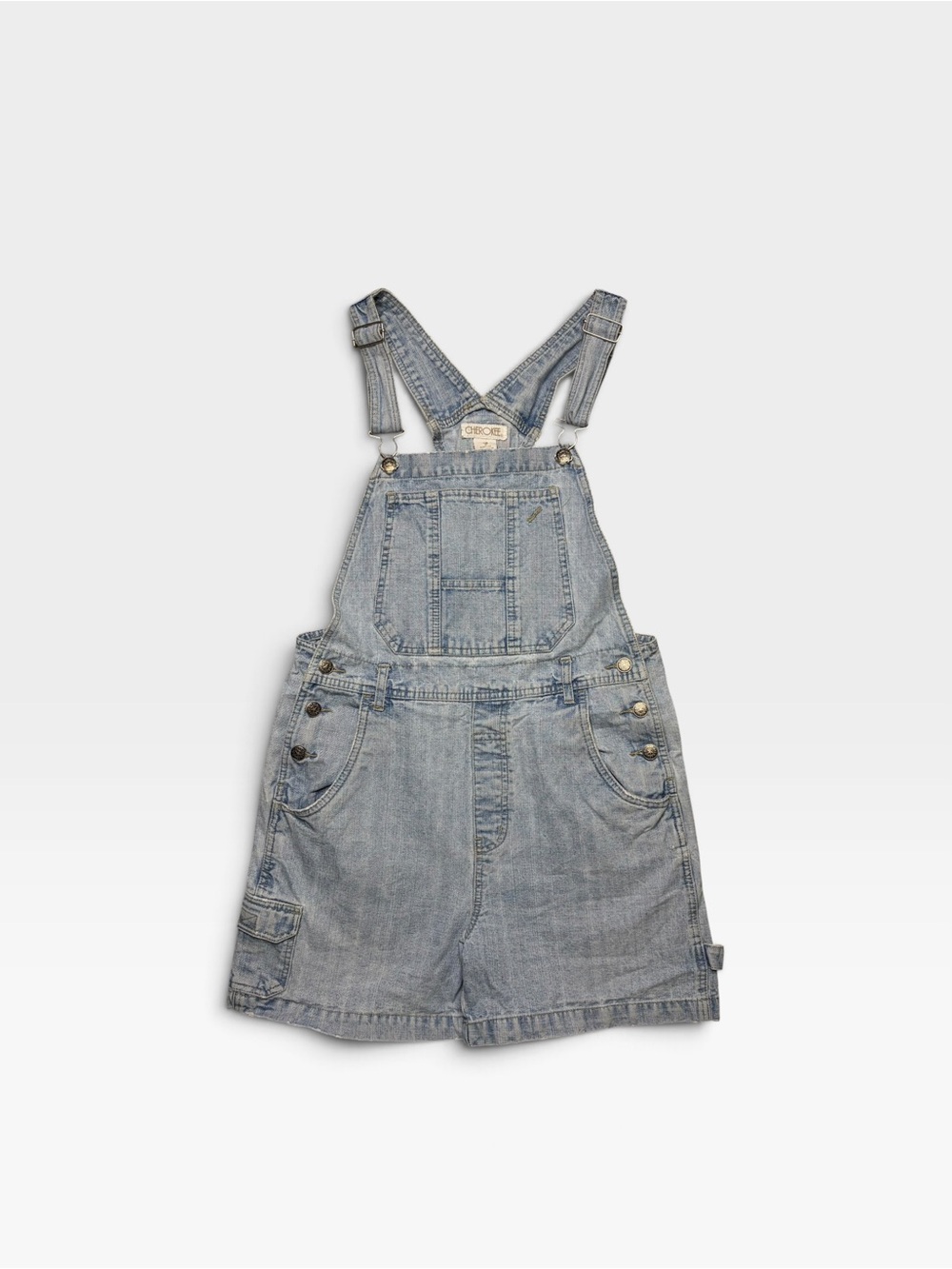 VTG Y2K Cherokee Denim Short Overalls Shortalls Size S Pockets Light Blue